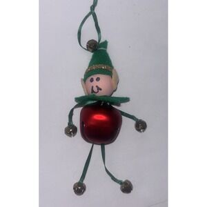 Vintage Christmas Pixie Elf Jingle Bell Ornament Wood Head Felt Hat Kitschy 6"